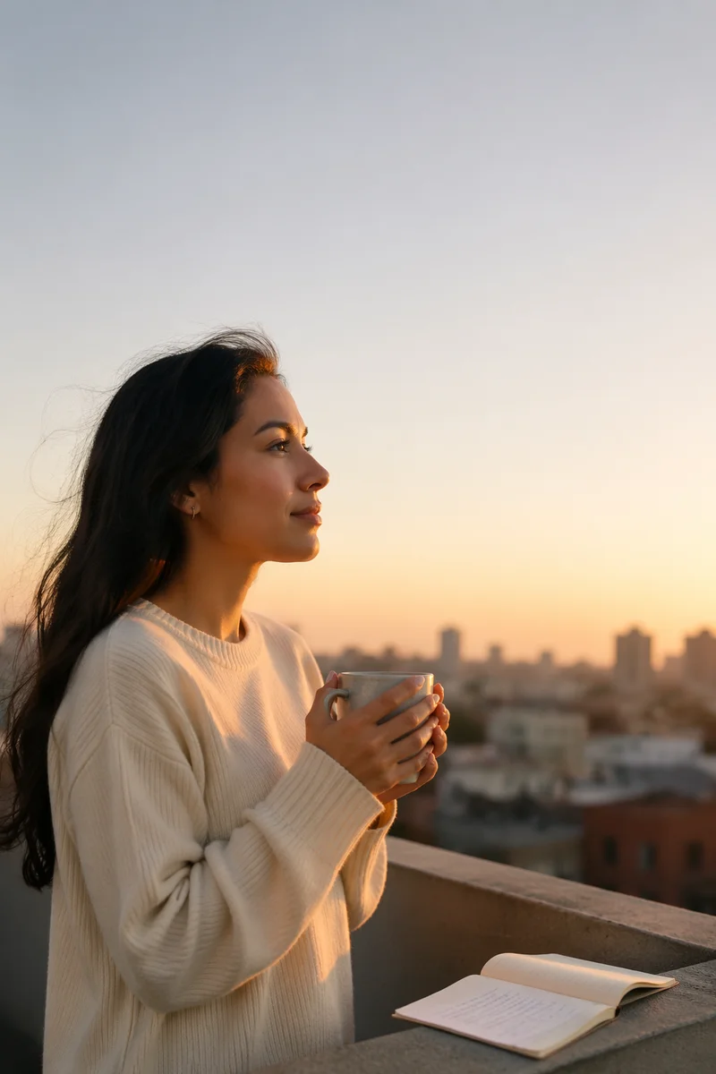 Young Woman on Rooftop at Sunrise