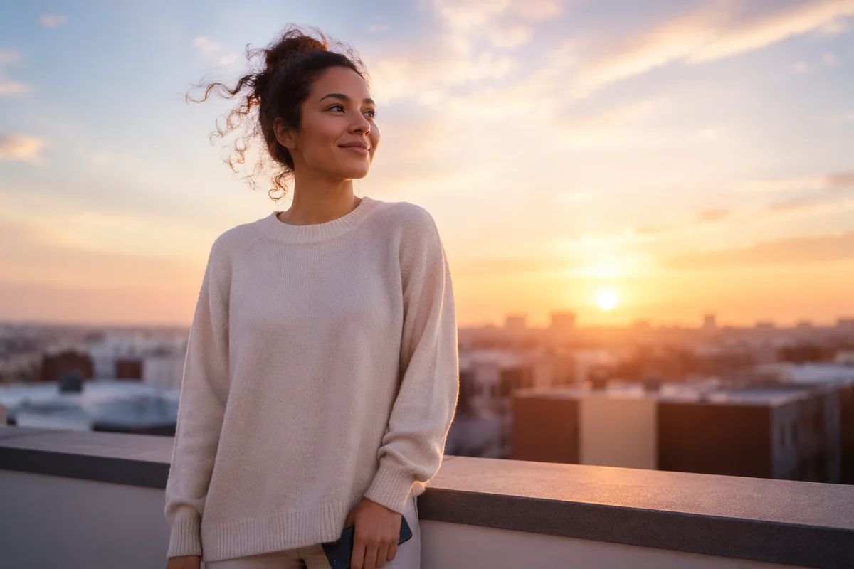 Young Woman on Rooftop at Sunrise