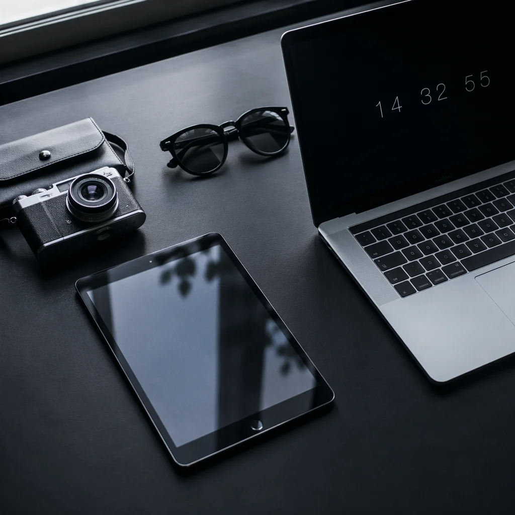 Modern Black Desk Flat Lay for Social Media