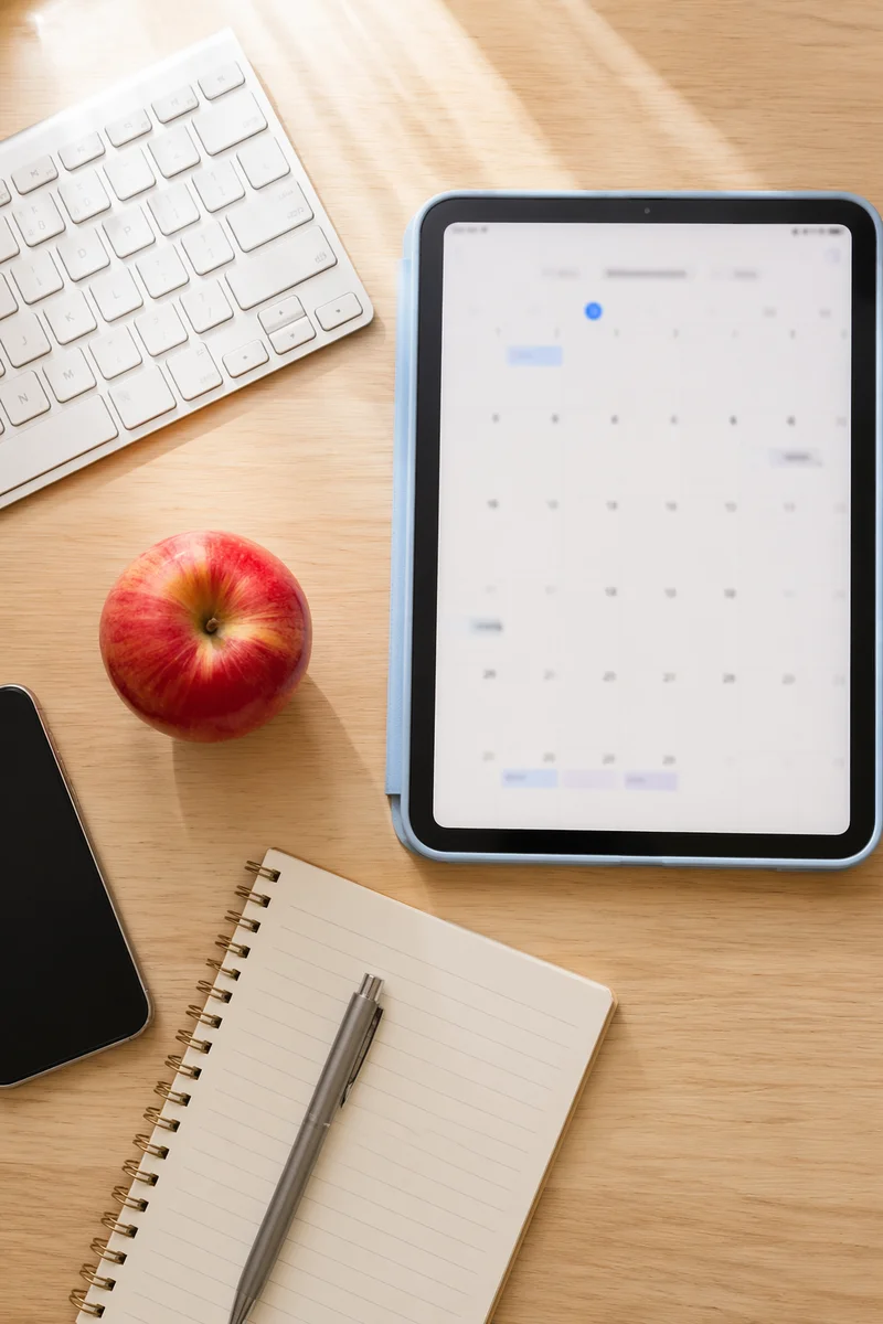Clean Desk Flat Lay With Tablet and Apple