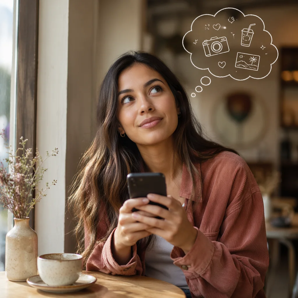 Young Woman with Thought Bubble in Cafe