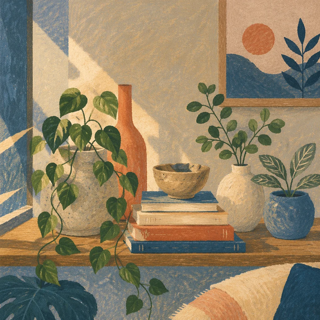 Cozy Plant Shelf with Books and Ceramics