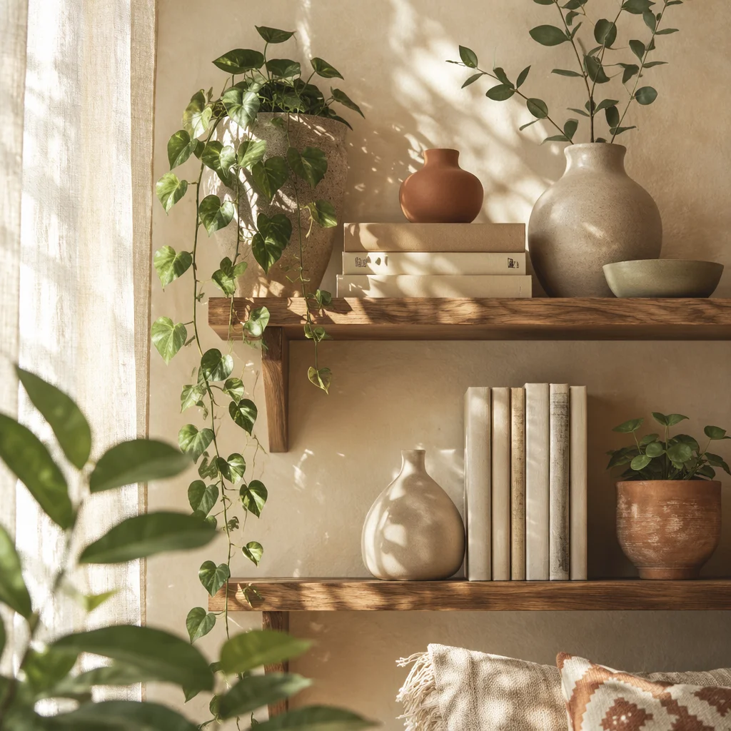 Sunlit Plant Shelf with Books and Ceramics