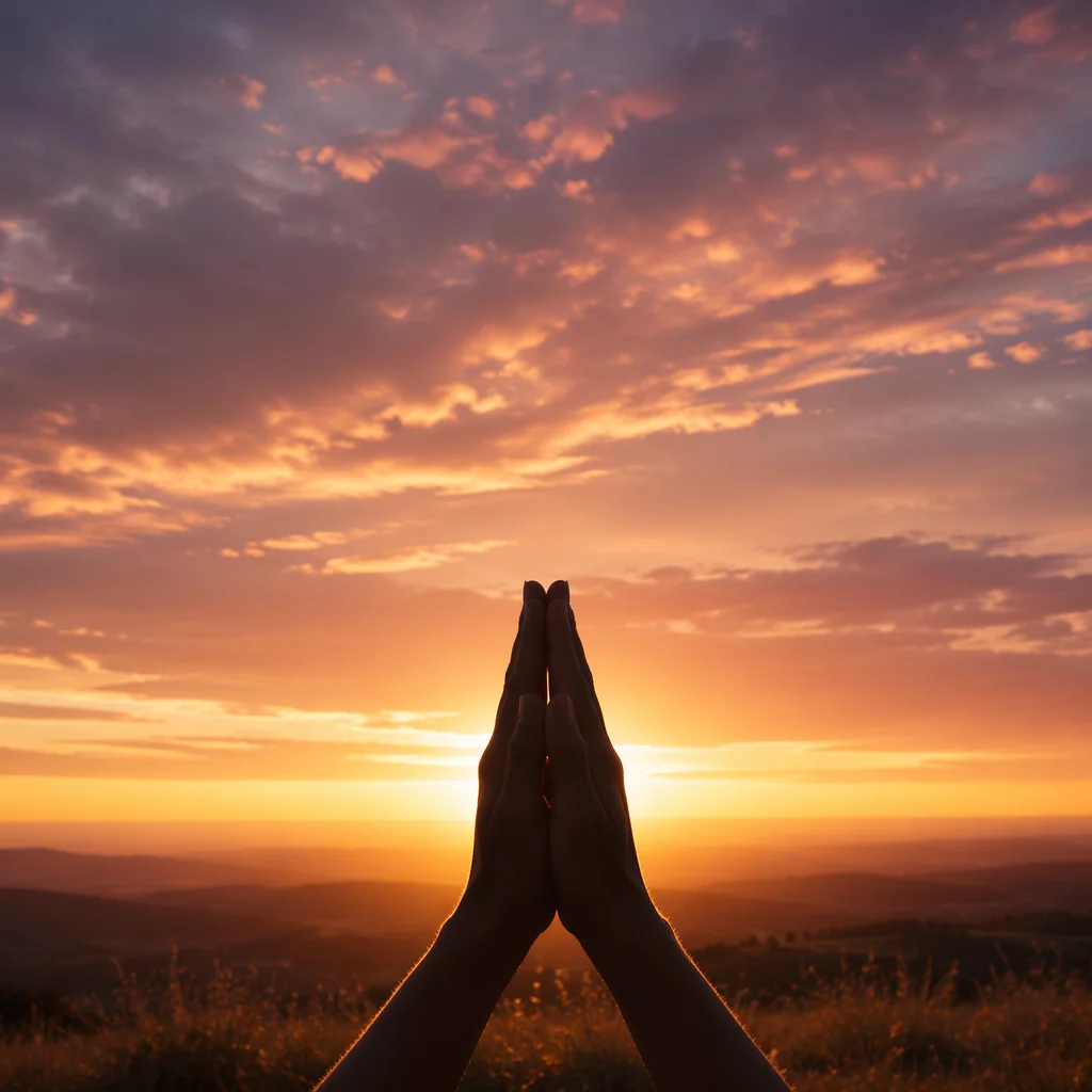 Praying Hands Silhouette Against Sunset Sky