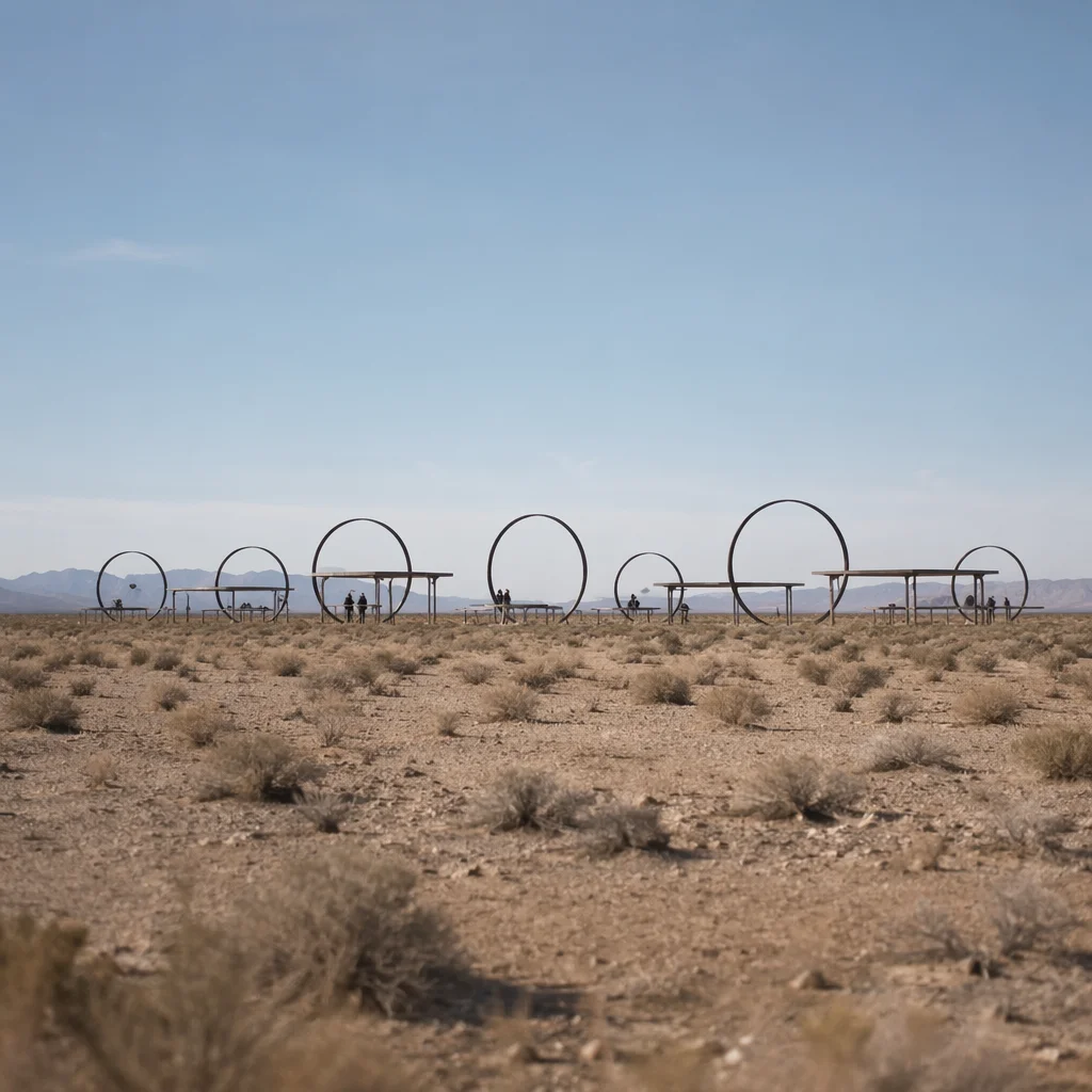 Desert Circular Metal Installation Under Blue Sky