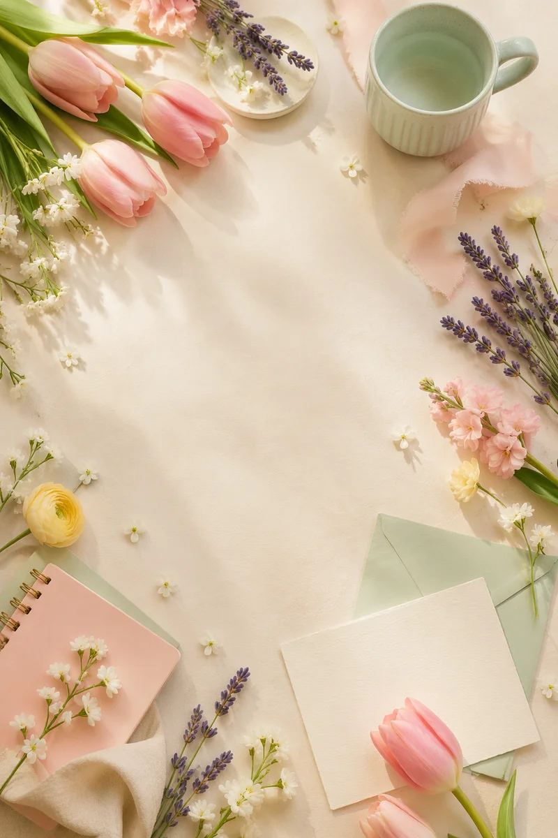 Spring Flowers and Pastel Flat Lay