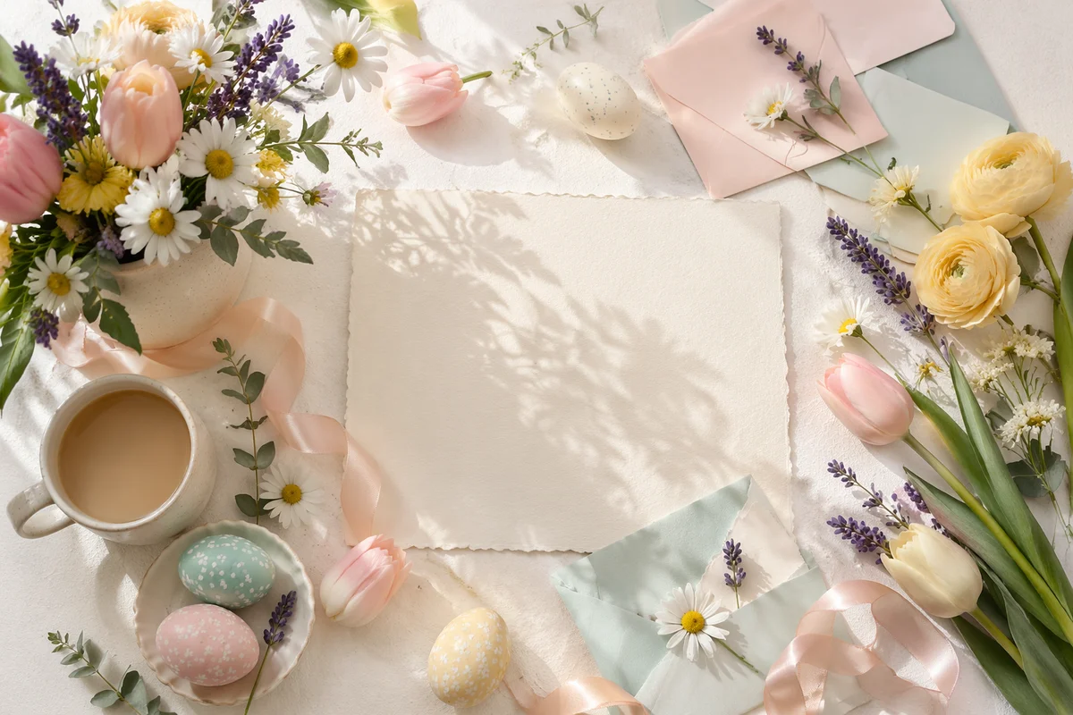 Spring Flat Lay with Pastel Flowers