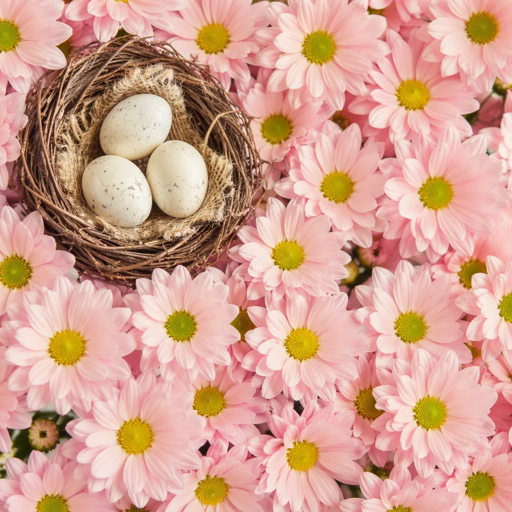 Pastel Spring Flowers with Rustic Egg Nest