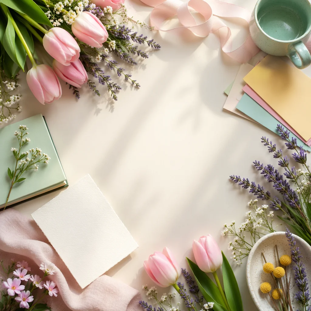 Spring Flowers and Pastel Flat Lay