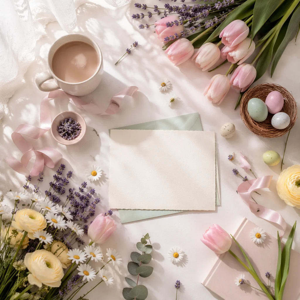 Spring Flowers Pastel Flat Lay Scene