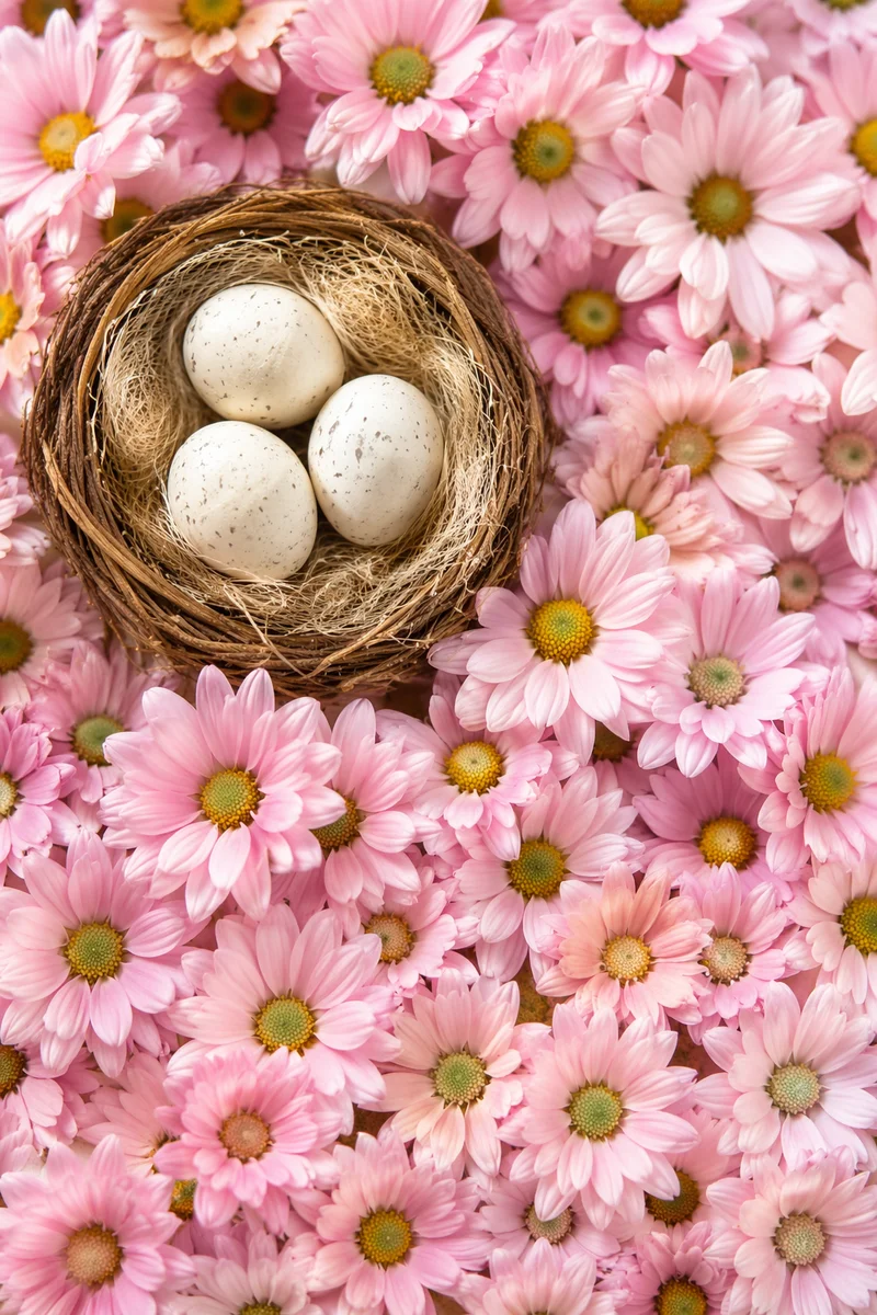 Pastel Spring Flower Flat Lay With Easter Nest