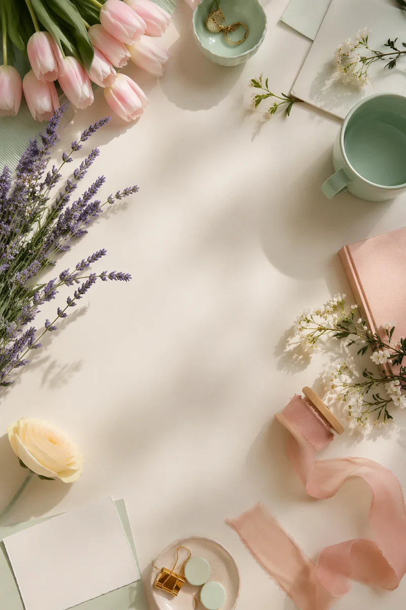 Spring Flowers Flat Lay with Pastel Decor