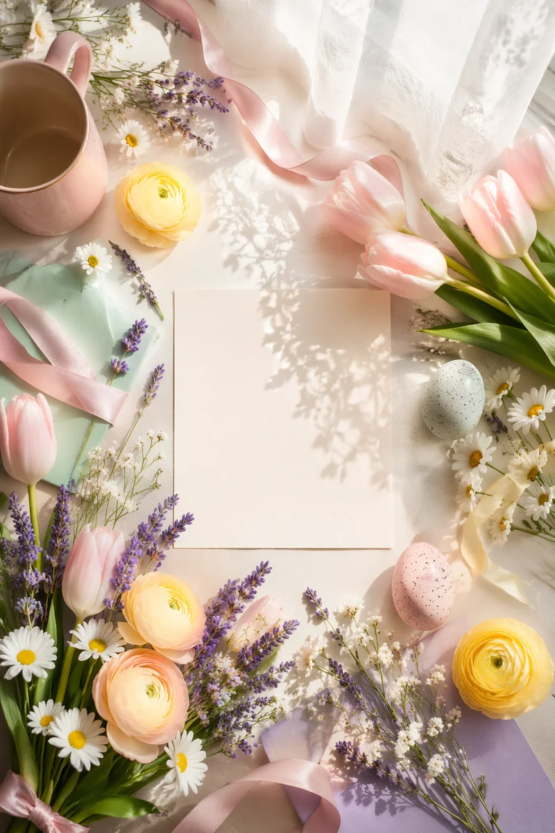 Spring Flowers Pastel Flat Lay Scene
