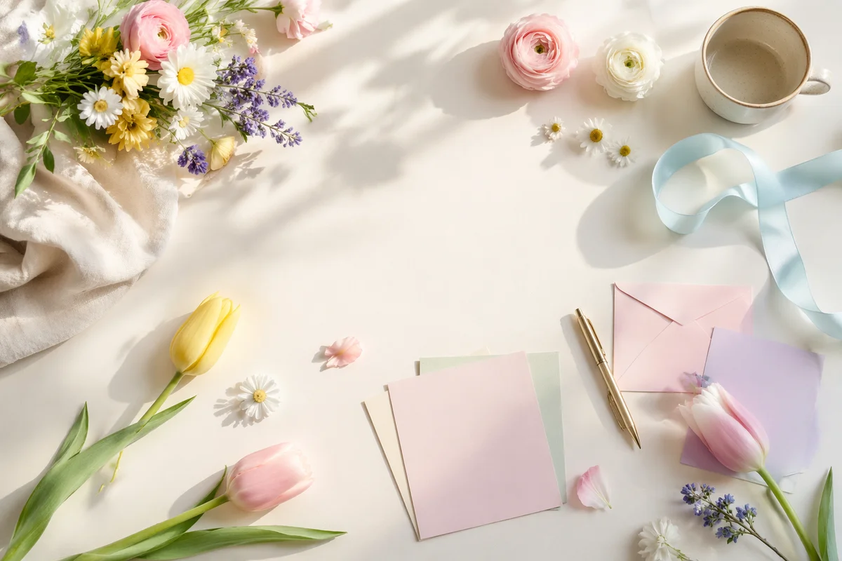 Spring Flowers Pastel Flat Lay Background