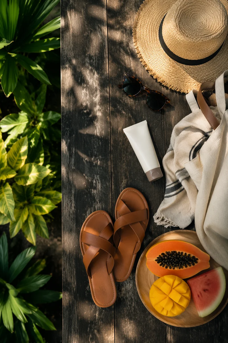 Summer Flat Lay with Hat and Sandals