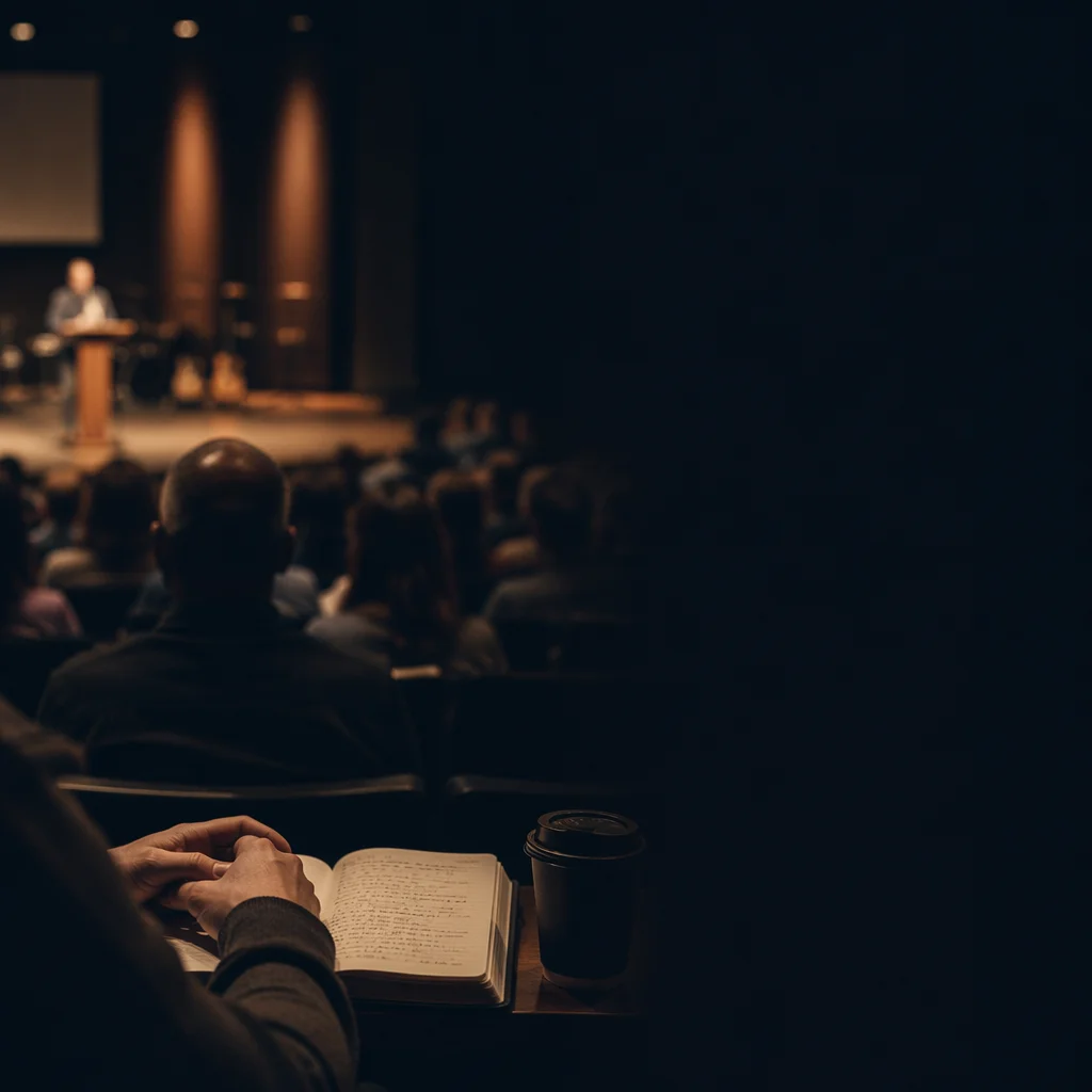 Church Auditorium with Notebook and Coffee
