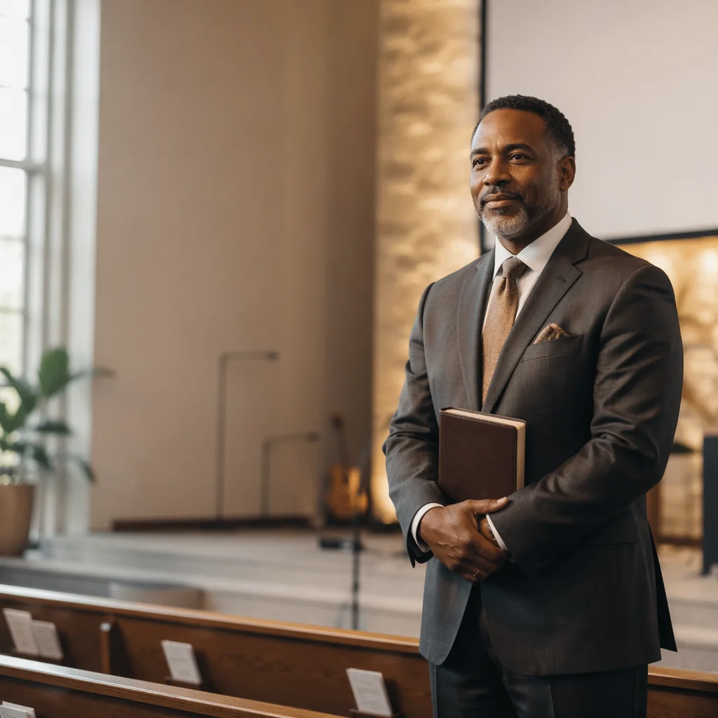Pastor Standing in Warm Church Sanctuary