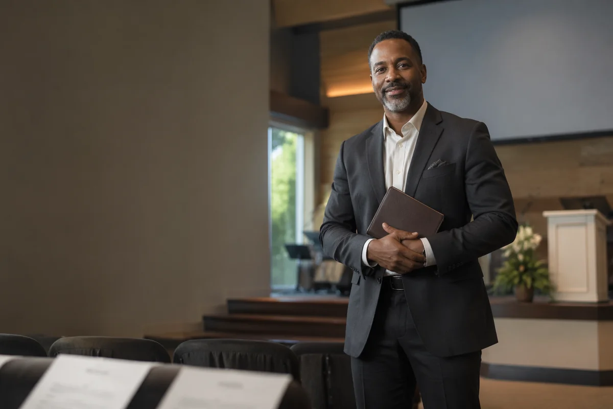 Pastor Standing in Warm Church Sanctuary