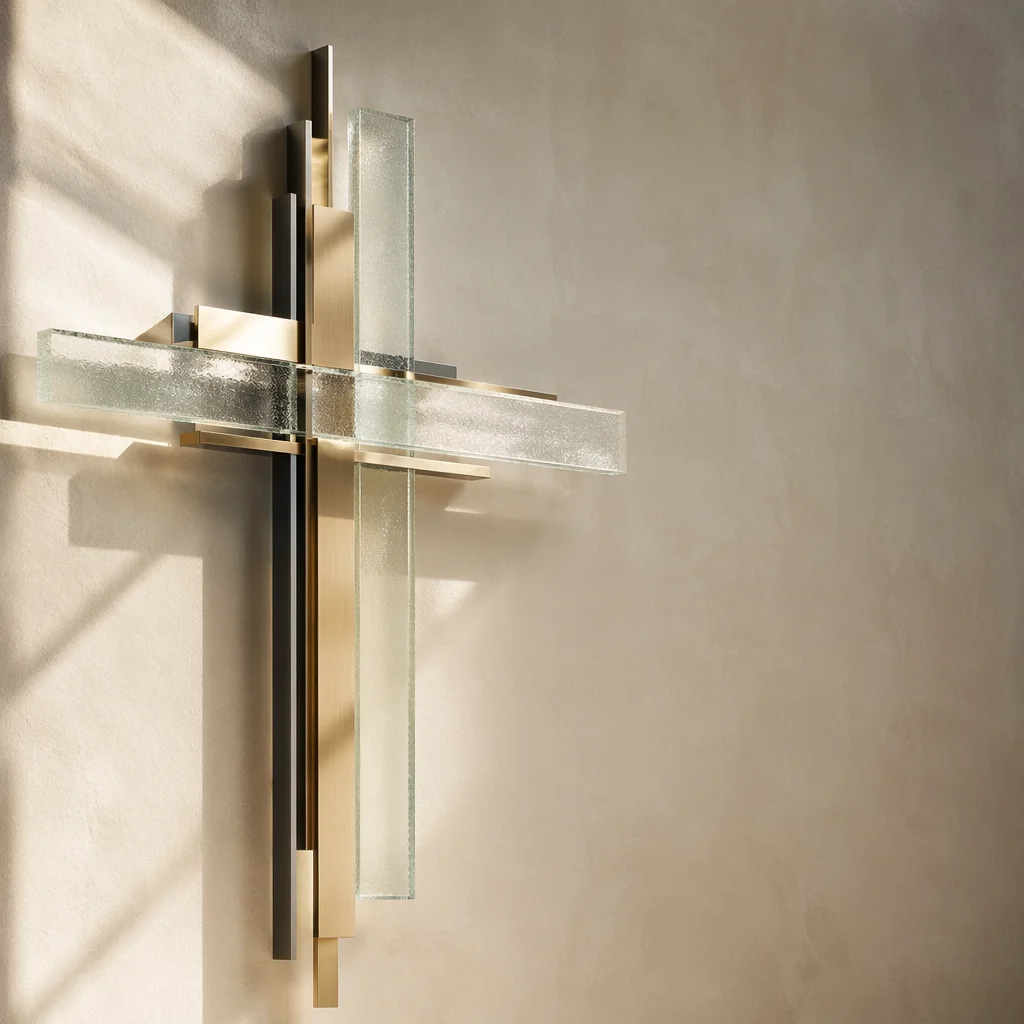 Abstract Frosted Glass Cross on Wall