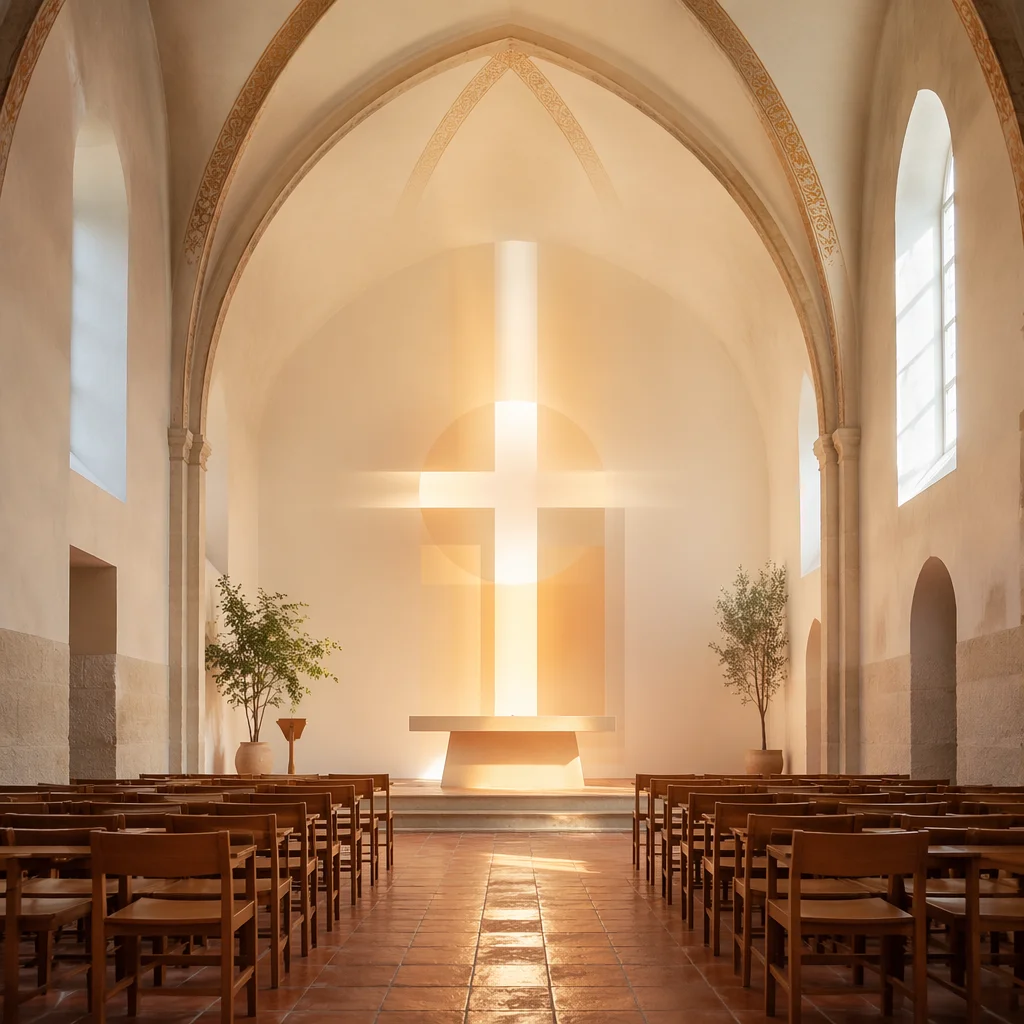 Modern Abstract Cross in Sunlit Chapel