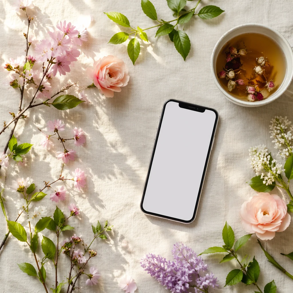 Spring Flat Lay with Flowers and Smartphone