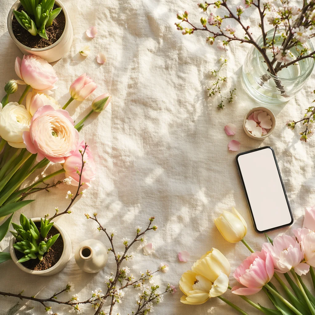 Spring Flowers and Smartphone Flat Lay