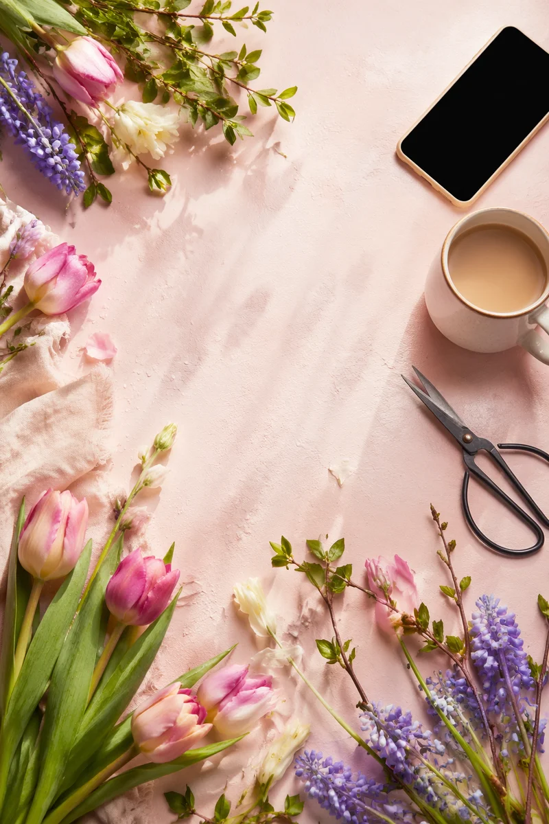 Spring Flowers Flat Lay with Smartphone