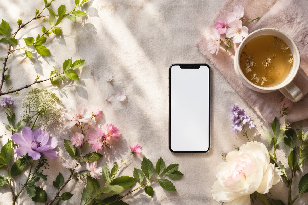 Spring Flat Lay with Flowers and Smartphone