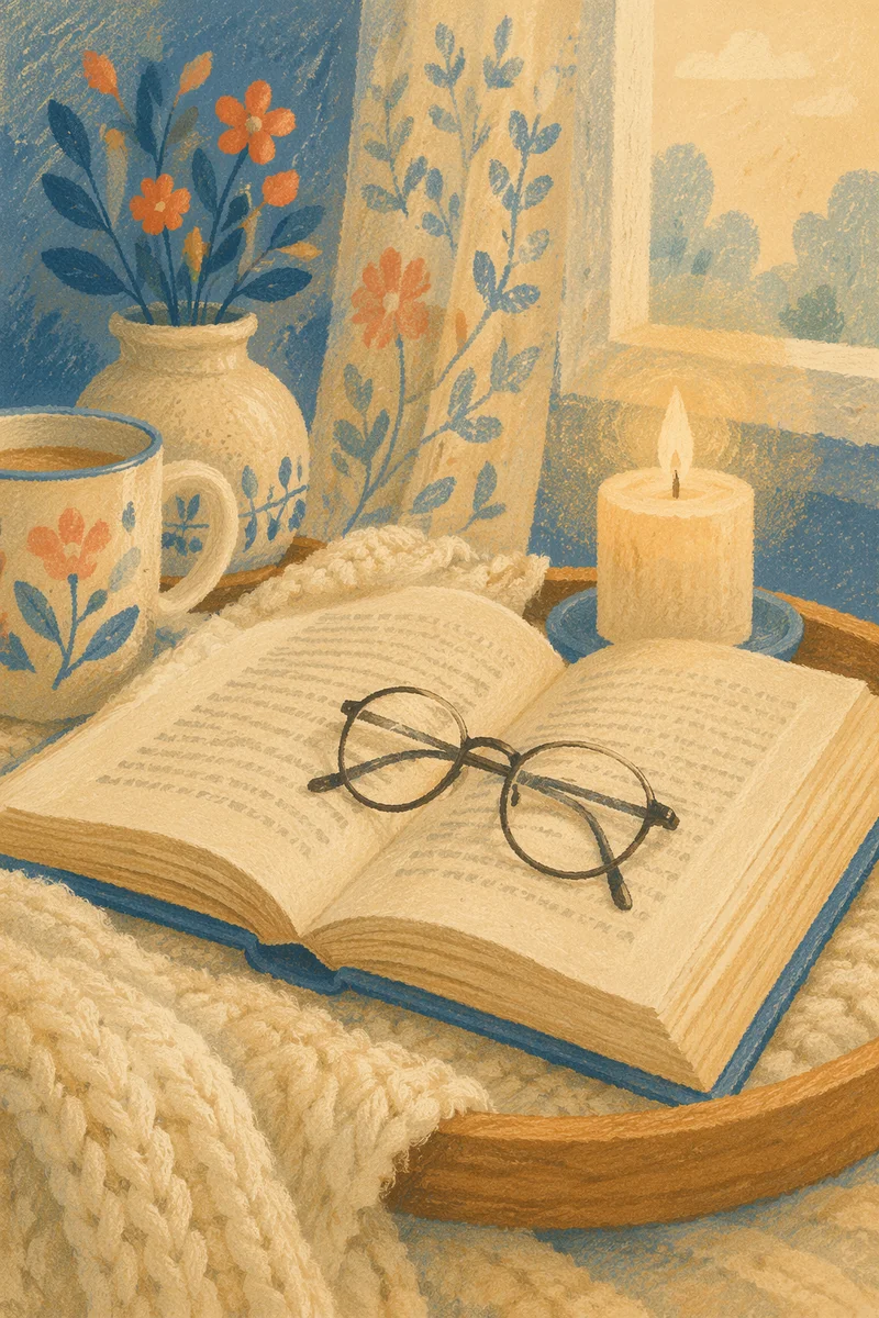 Cozy Candlelit Reading Tray with Glasses