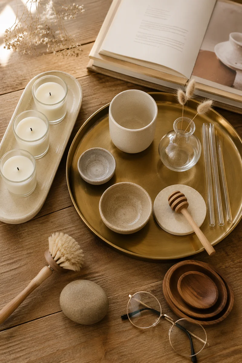 Rustic Tray with Candles Book and Glasses