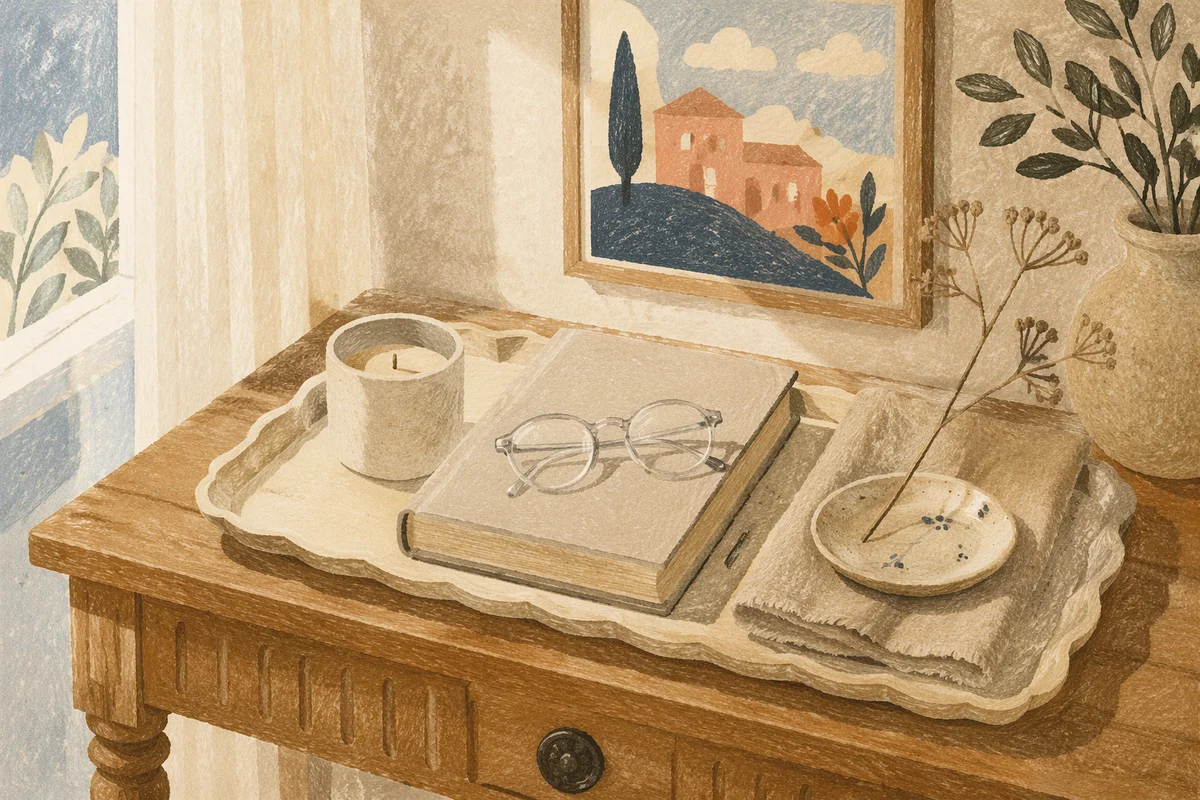 Elegant Tray with Candle Book and Glasses