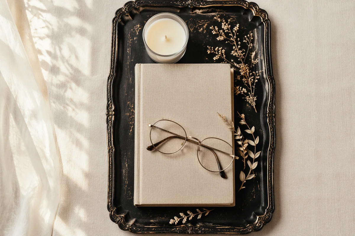 Vintage Tray with Candle Book and Glasses
