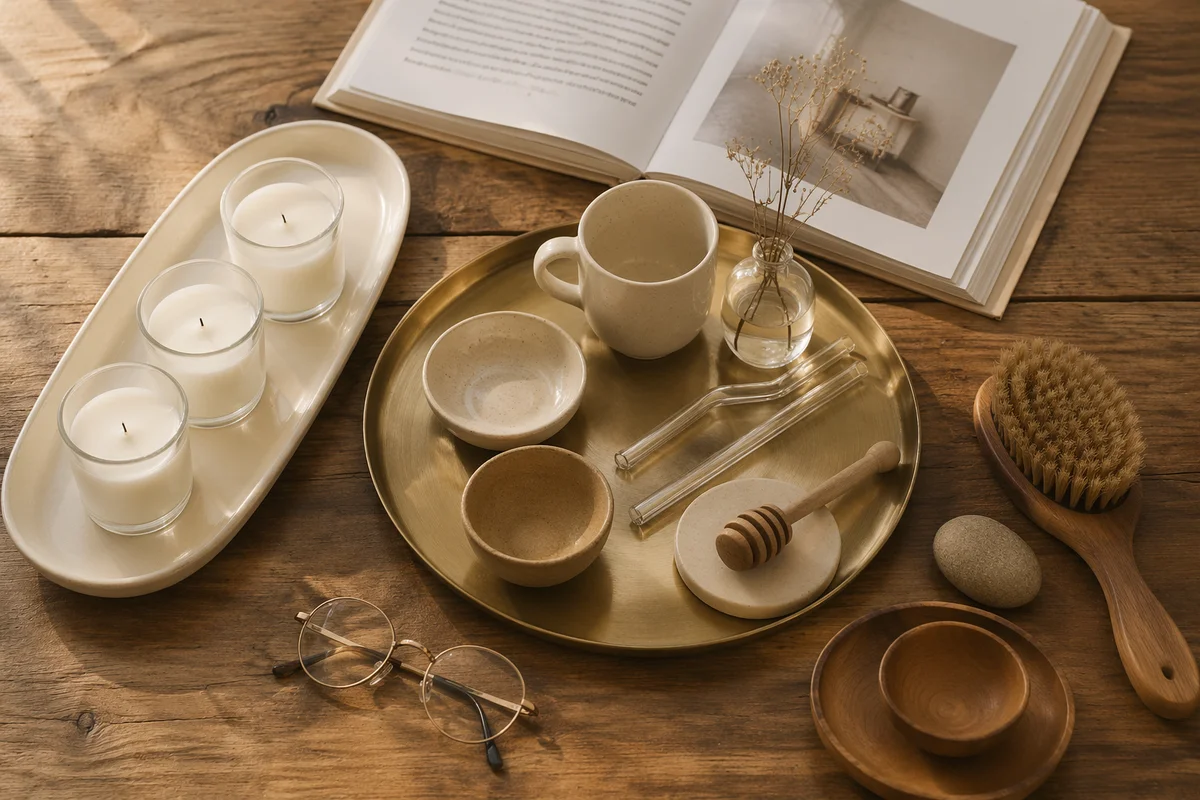 Minimalist Candle Tray with Book and Glasses