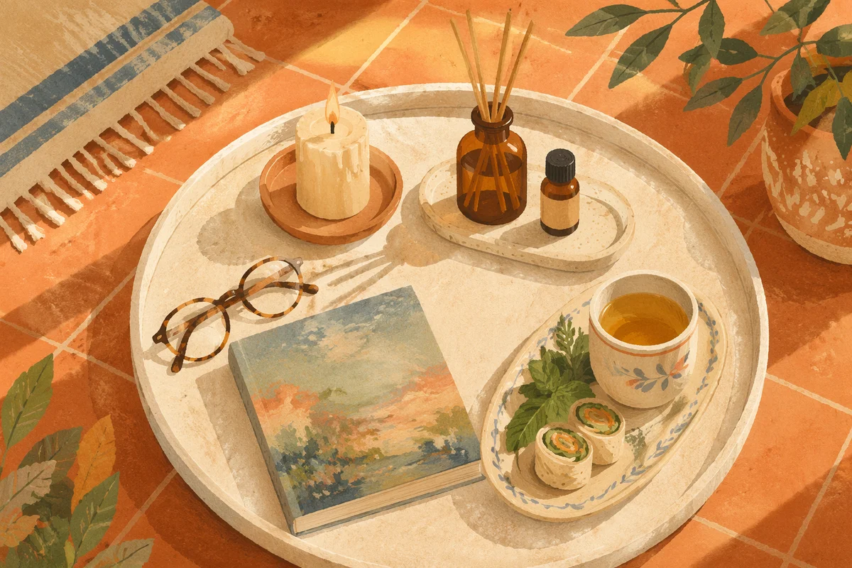 Cozy Candle Tray With Book and Glasses