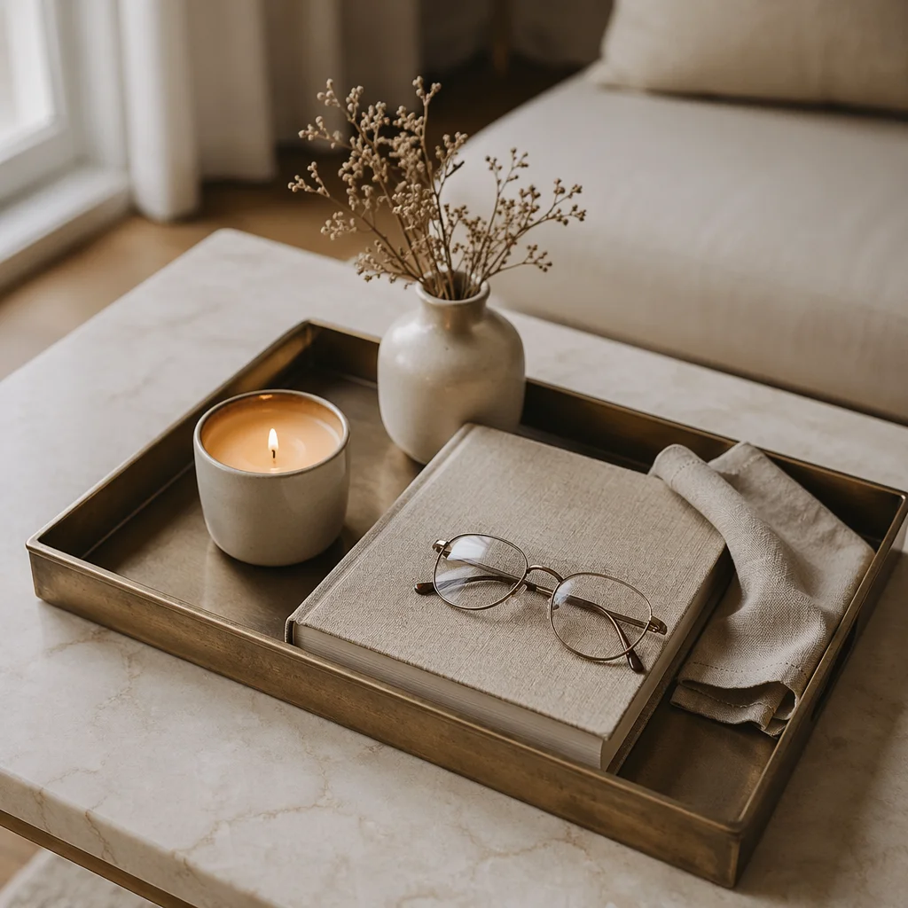 Cozy Tray with Candle and Reading Glasses