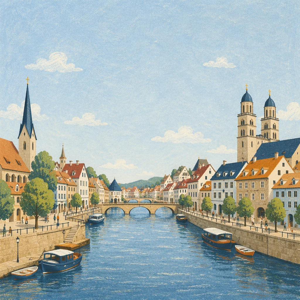 European Riverside Town with Church Spires
