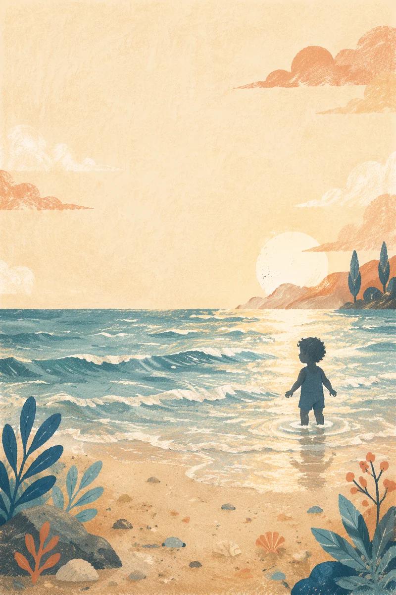 Child Silhouette Wading in Ocean Shore