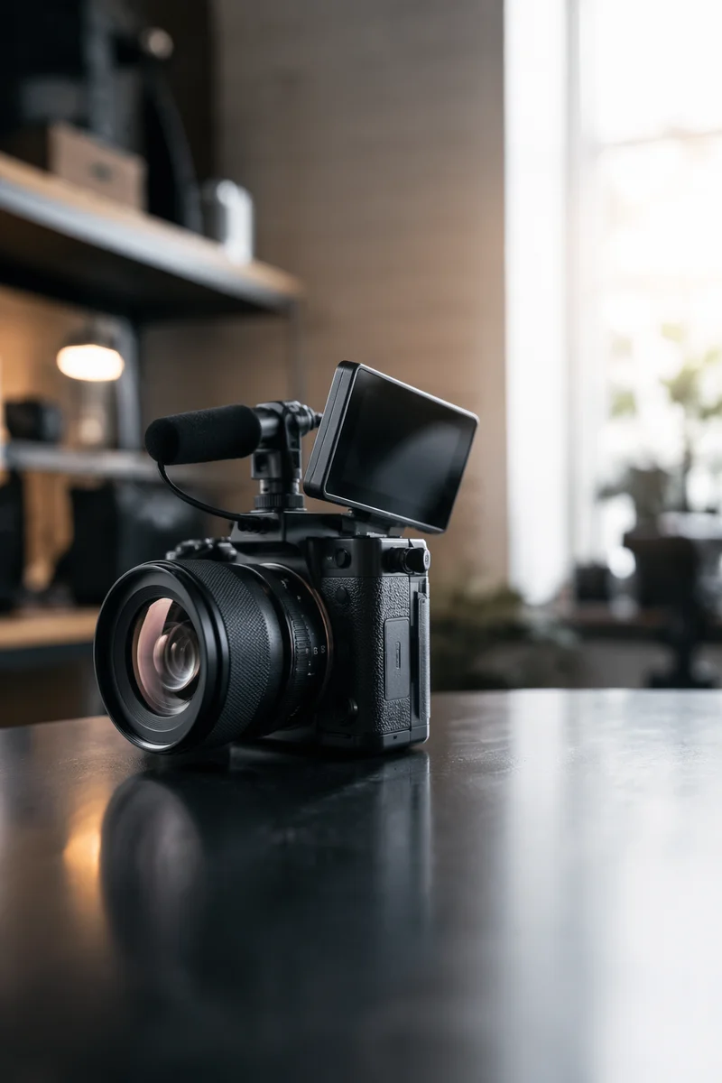 Modern Vlogging Camera Setup on Dark Table