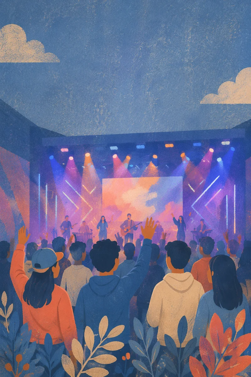 Youth Crowd Facing Colorful Lit Stage