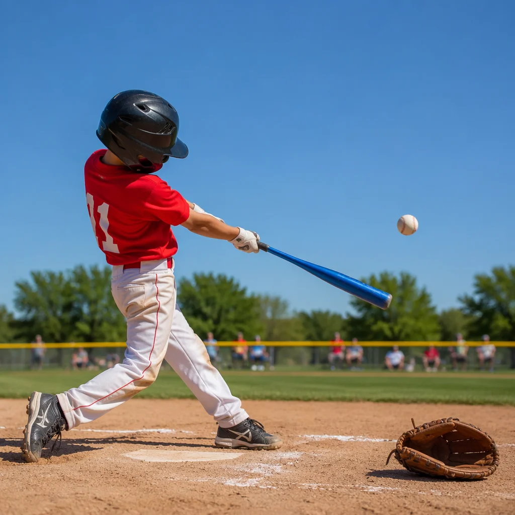 Youth Baseball Swing on Sunny Field