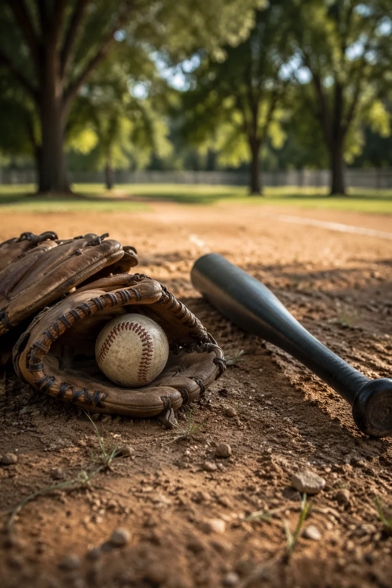 Worn Baseball Gear on Sunlit Infield