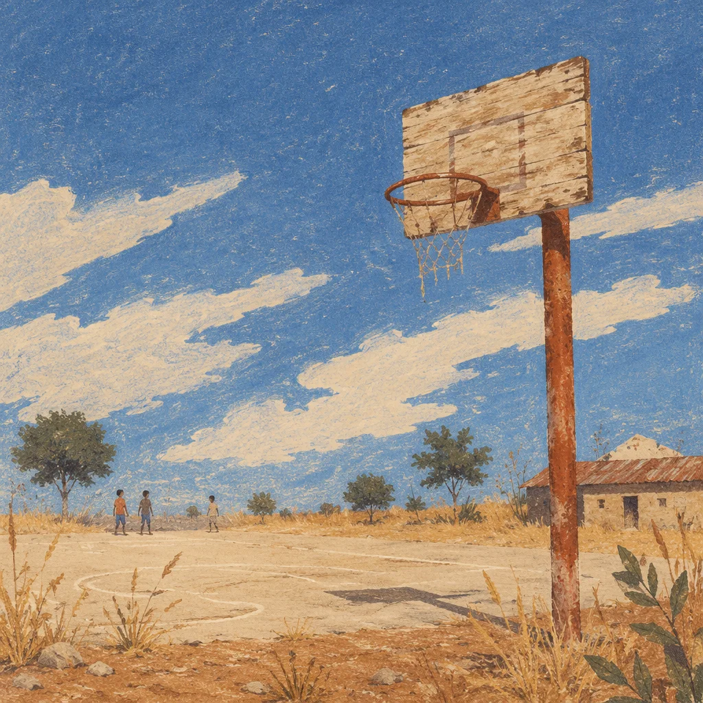 Rustic Rural Basketball Hoop Under Blue Sky