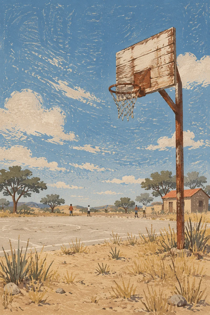 Rustic Rural Basketball Hoop Under Blue Sky