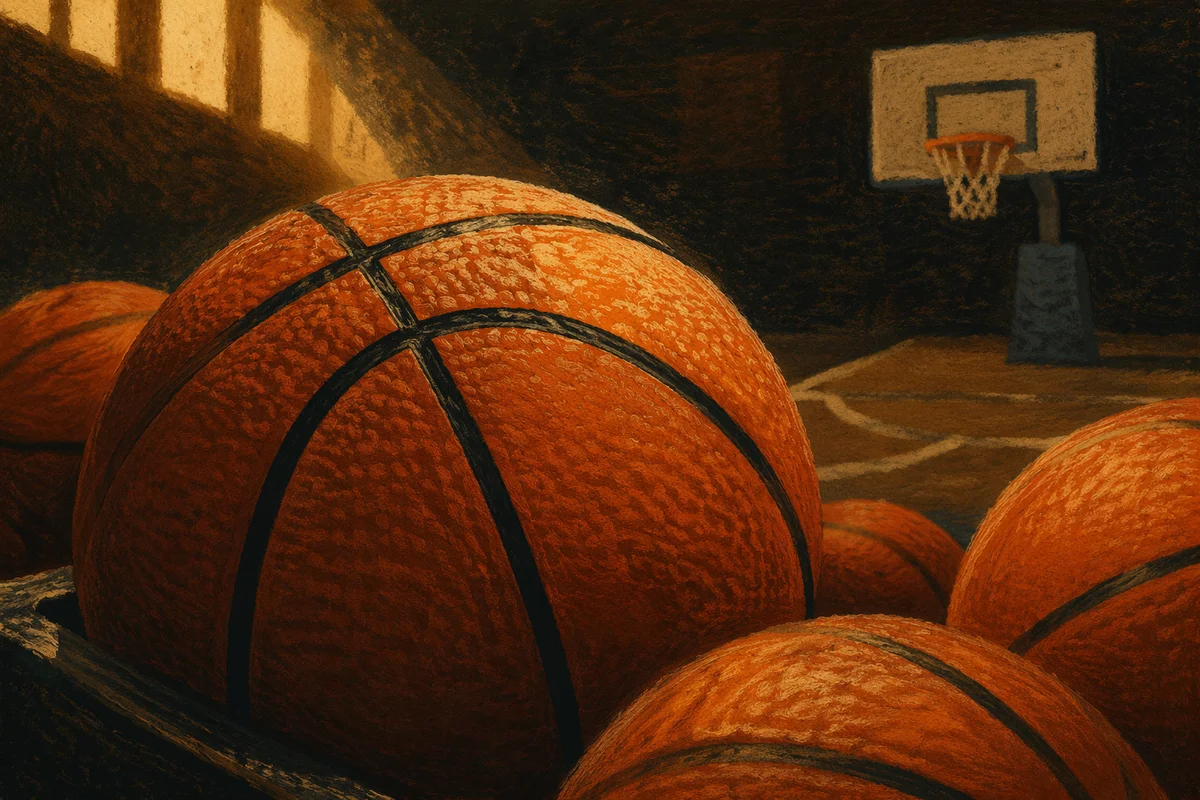 Close-Up Basketballs in Dim Indoor Gym