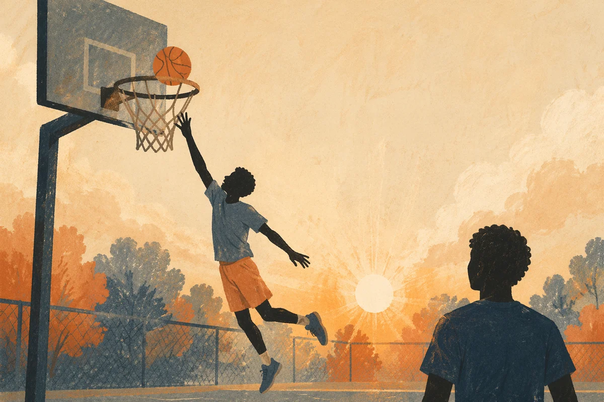 Golden Hour Basketball Layup on Outdoor Court