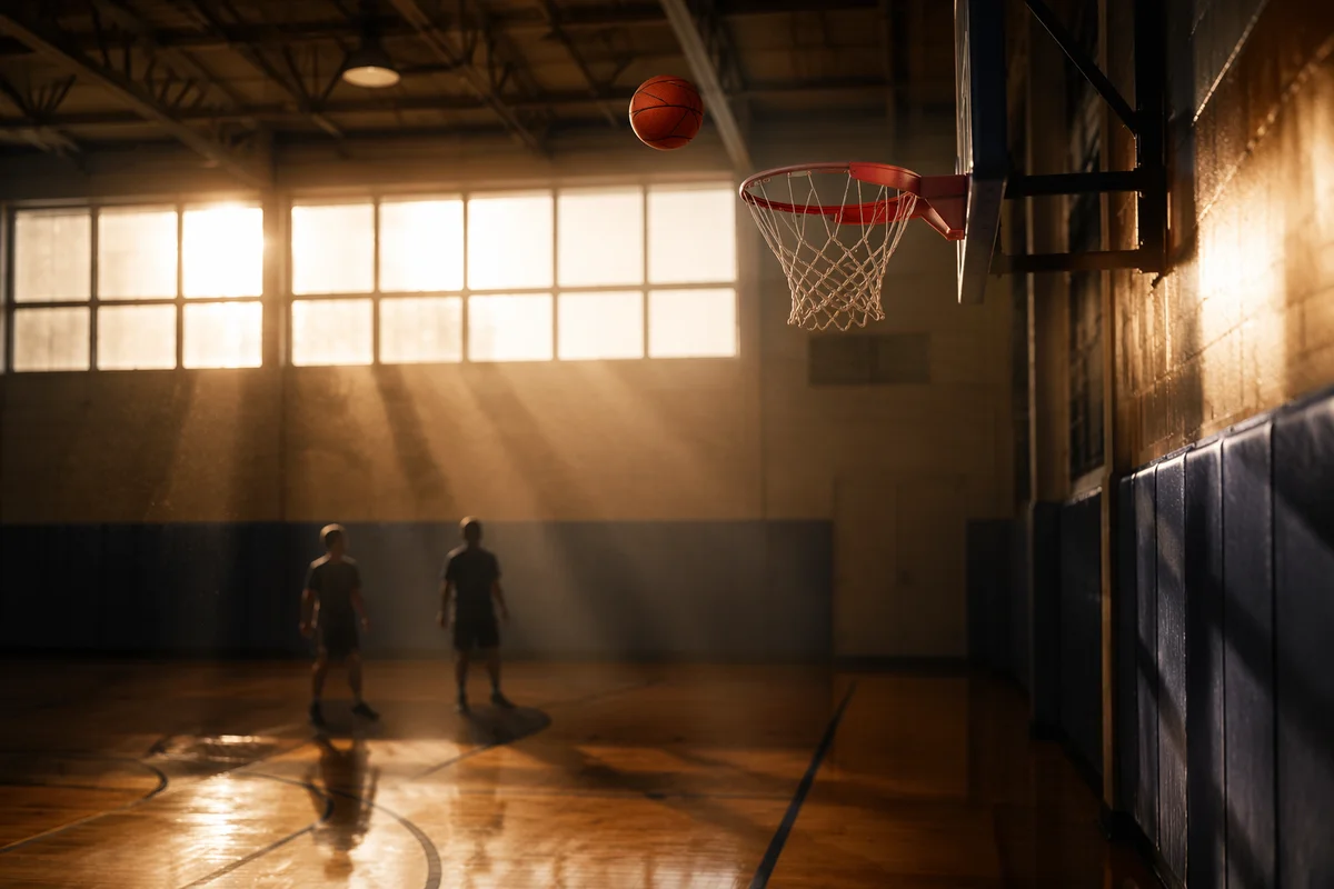 Basketball Arcing Toward Hoop in Sunlit Gym