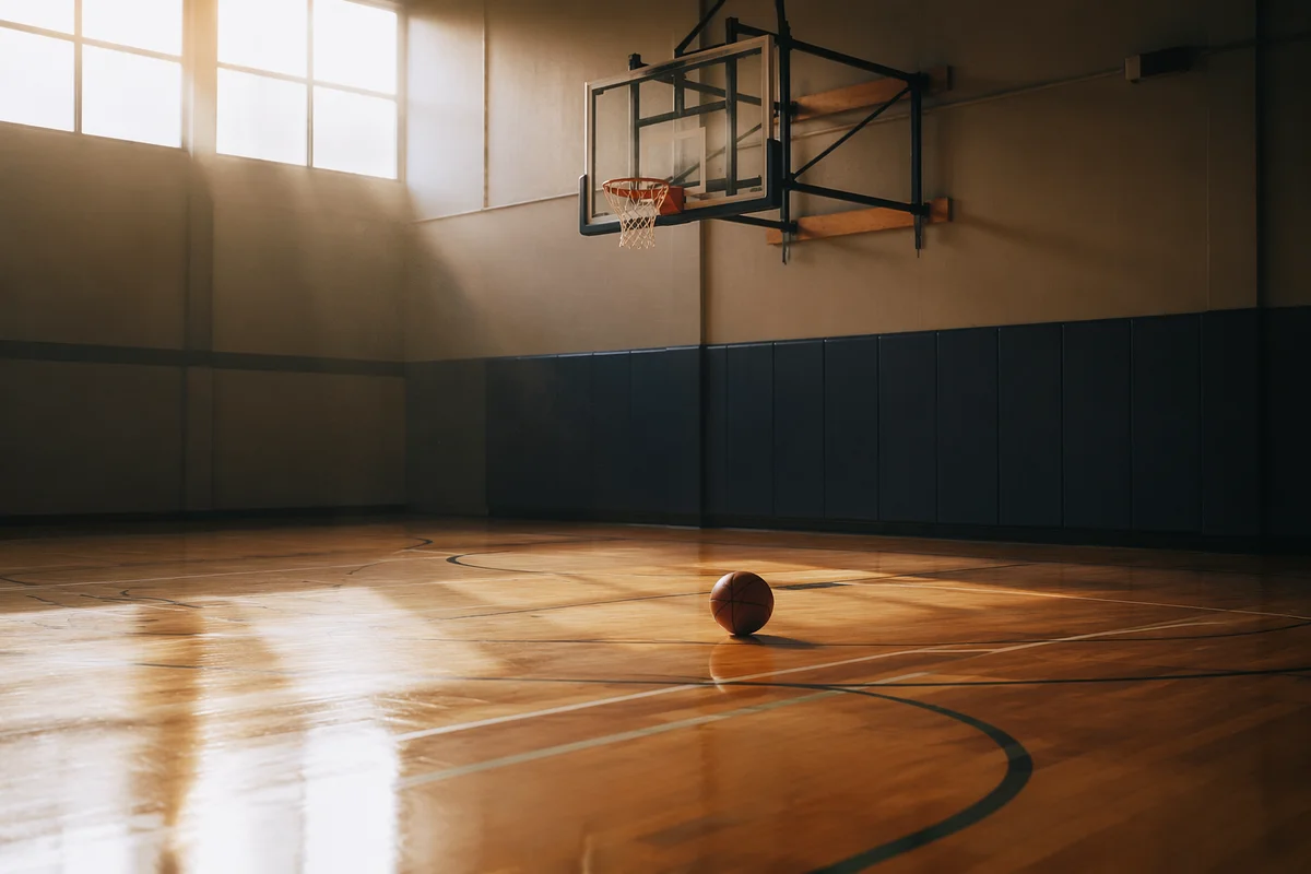 Quiet Indoor Basketball Hoop at Sunset