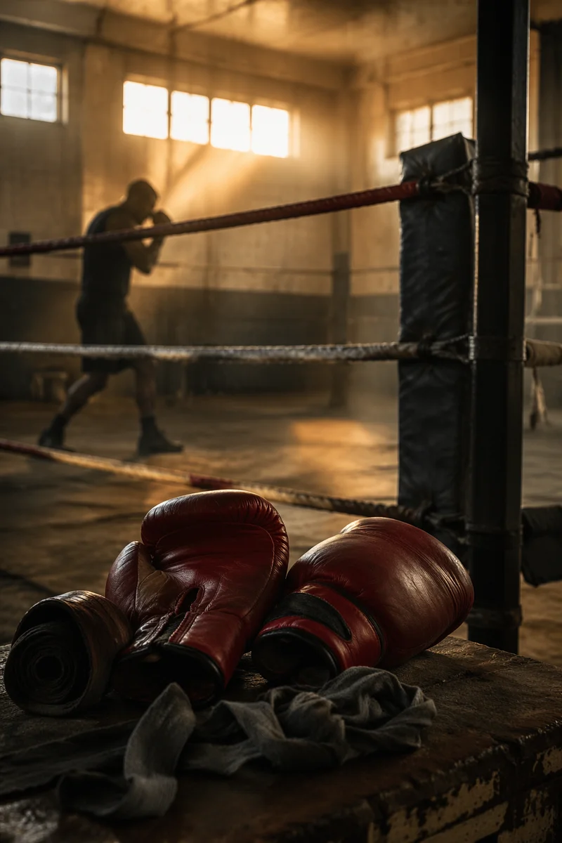 Worn Red Boxing Gloves at Dawn