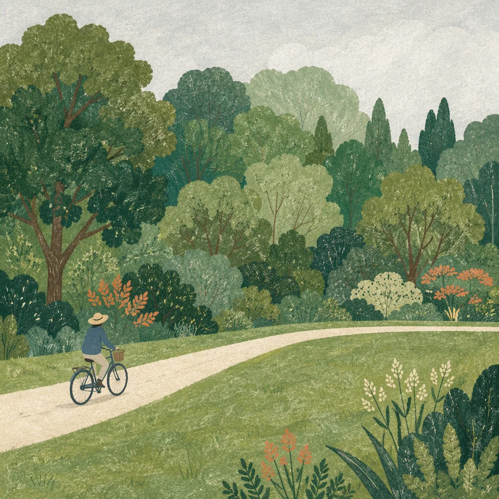 Cyclist on Curving Park Path