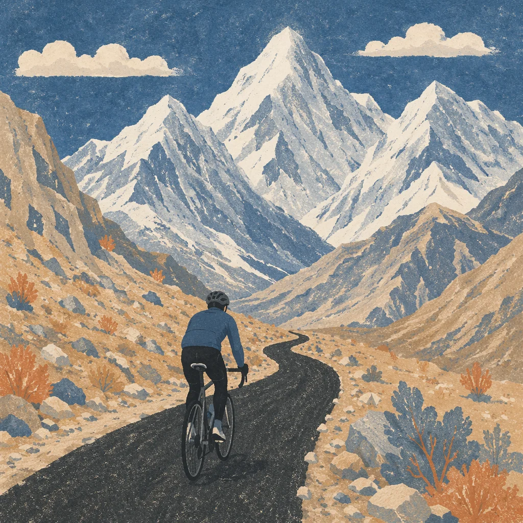 Lone Cyclist Climbing a Mountain Road